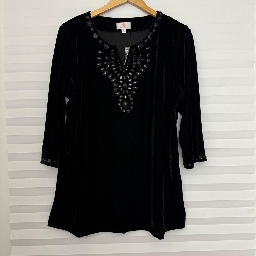 Quacker Factory Black Velvet Gemstone Embellished Tunic Top 3/4 Sleeve L‎ Chic